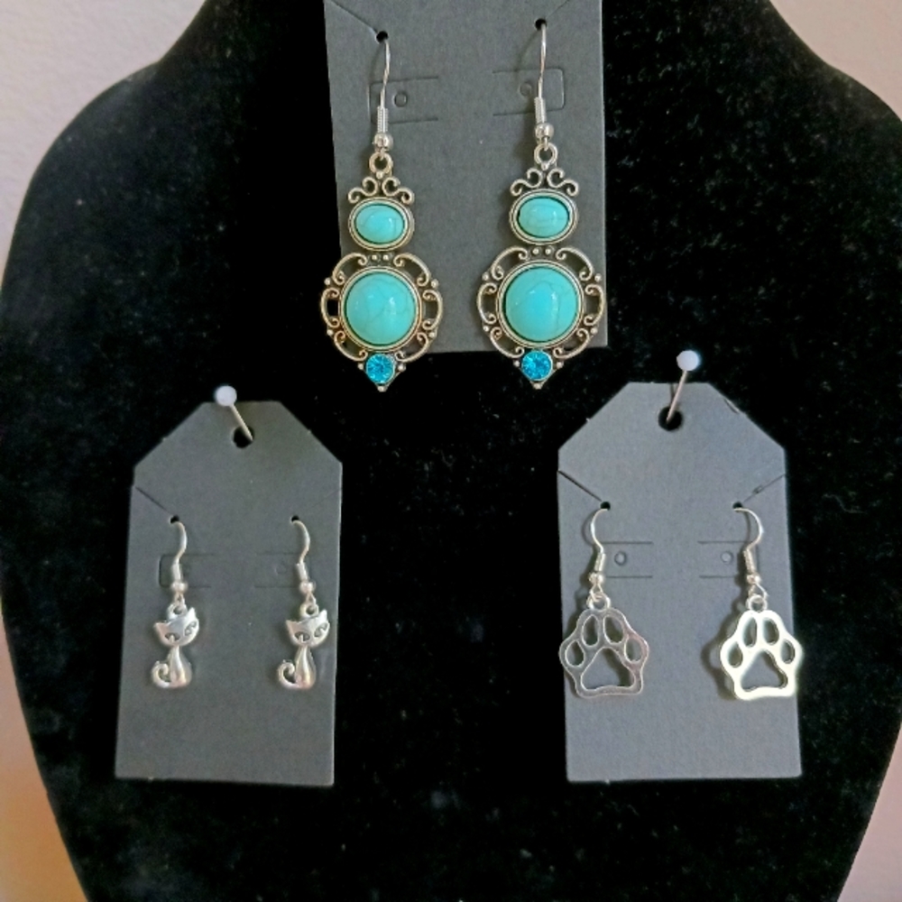 KITTY CAT -- DOG PAW & FAUX TURQUOISE GEMSTONE EARRINGS -- 3 PAIR